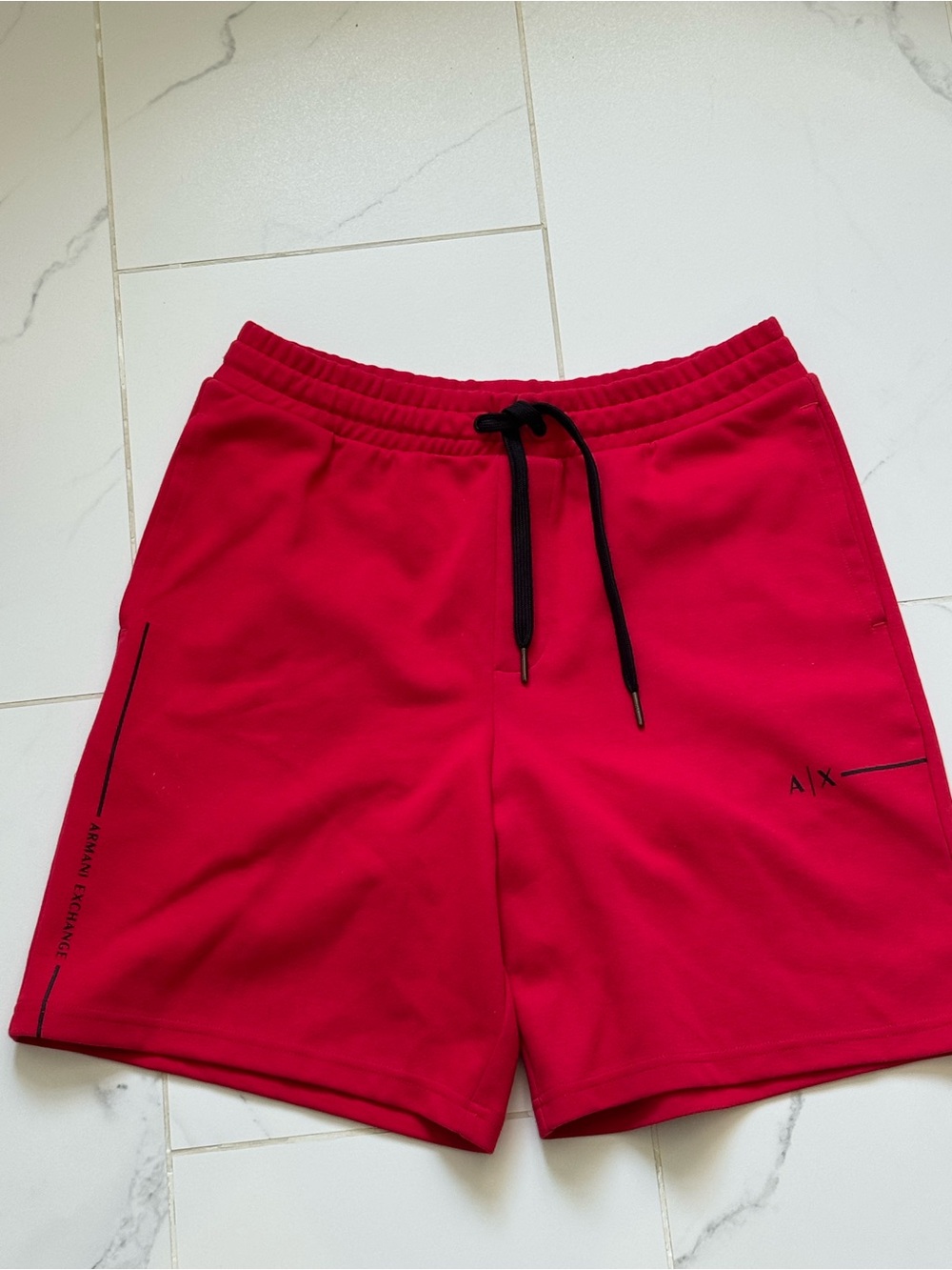 Armani Exchange Men's Bright Red Athletic Shorts with Black Drawstring